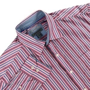 Johnston & Murphy Shirt Men L Pink Blue Stripe Tailored Fit Buttoned Long Sleeve